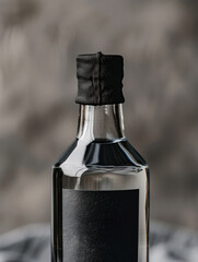 A clear glass bottle with a black label and cap against a blurred background.