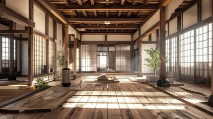 Wooden framework with exposed beams in a traditional Japanese house
