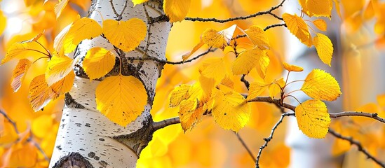 Bright yellow leaves of white Alaska birch trees or Betula neoalaskana, also known as paper birch or resin birch in Anchorage, Alaska. Beautiful fall foliage sunny autumn background