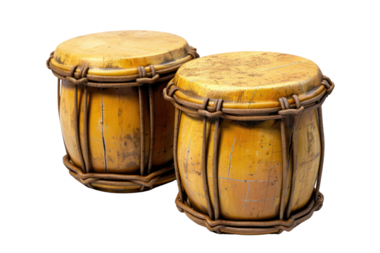 Close-up of two traditional wooden drums with natural wear, featuring an intricate rope design, isolated on a white background.