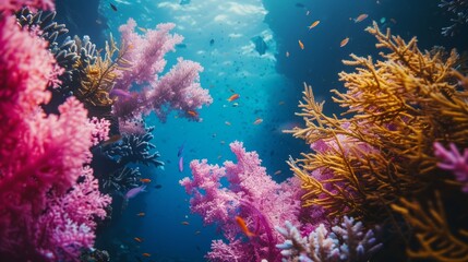 Obraz premium A coral reef with many different types of fish swimming around it, AI