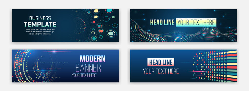 Data protection, internet communication, science, big data, cover design set. Sci-fi vector sample concept. High-tech horizontal banner template. Modern banner design with technology element.
