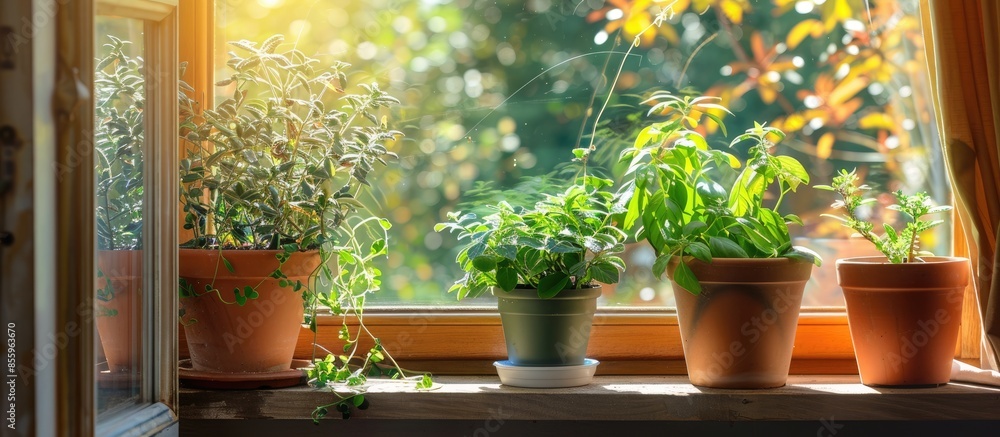 Poster sunlight on potted plants on window sill at home. copy space image. place for adding text and design