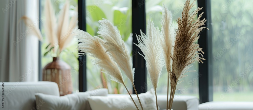 Poster decorative pampas grass, reeds in a vase in front of big window and close to the sofa. photo. copy s