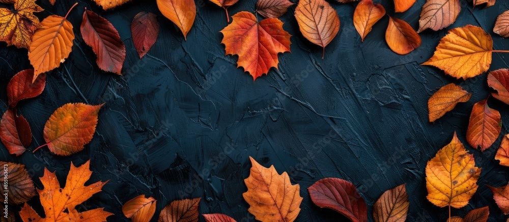 Wall mural colorful various autumn fallen leaves on a dark black background. seasonal background and texture. t