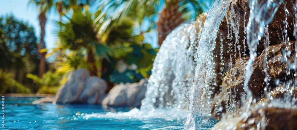 Poster close-up of a fountain waterfall in a luxury pool near the hotel with palm trees for tourists. sunny
