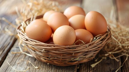 Eggs in basket on table focus on fresh chicken eggs