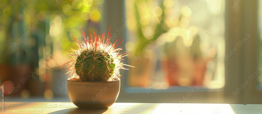 Poster small cactus with window light. copy space image. place for adding text and design