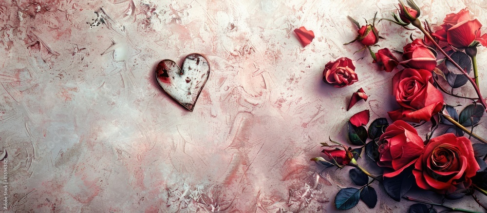 Poster valentines day background with heart and roses. vintage style. copy space image. place for adding te