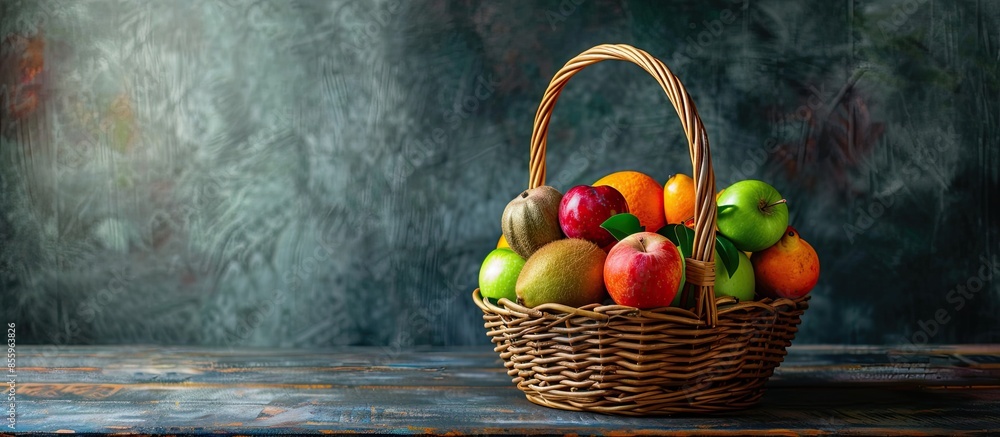 Poster fruits in the basket. assorted fruits in wicker basket. copy space image. place for adding text or d