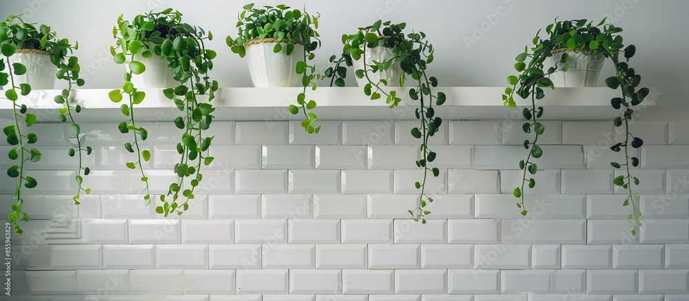 Aufkleber two green plants hanging from shelf above toilet. copy space image. place for adding text and design