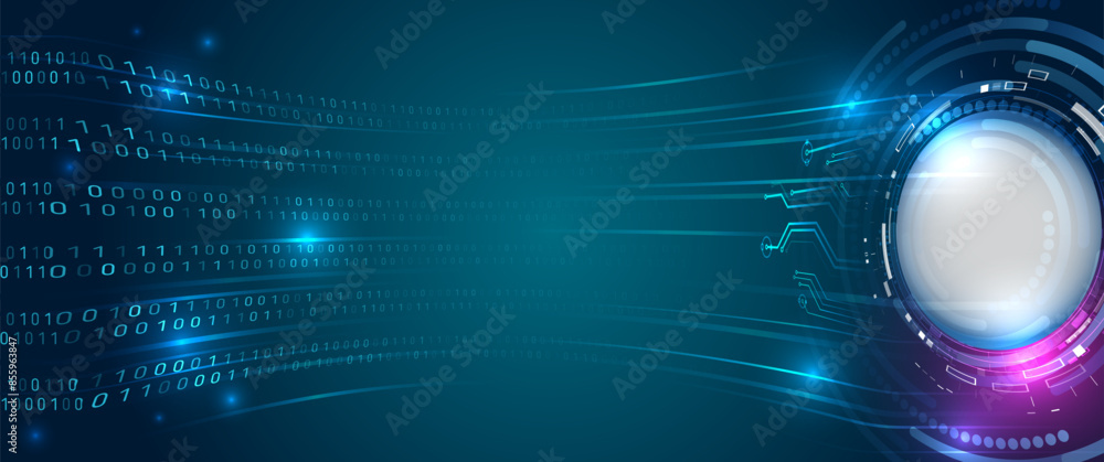 Poster Computer background of numbers. Analytics, sorting, structuring, information transfer. Blue background with data flow. Binary code, artificial intelligence. Program code.