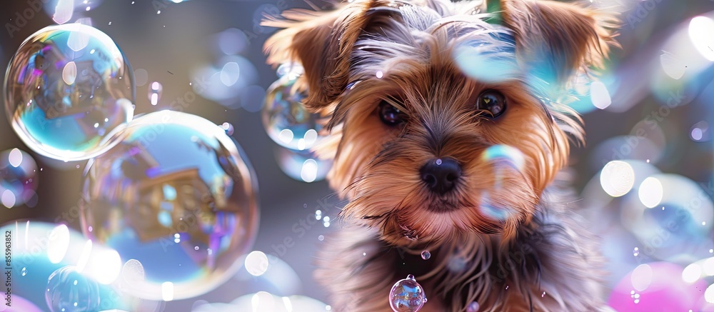 Fototapete yorkie puppy surrounded by soap bubbles. copy space image. place for adding text and design