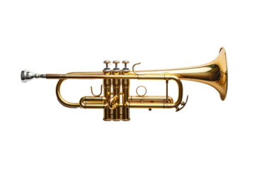 Golden trumpet isolated on white background. Brass musical instrument with intricate details and shiny finish, perfect for music-related themes.