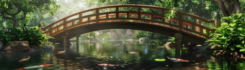 Fototapeta premium Wooden bridge crossing over a serene koi pond