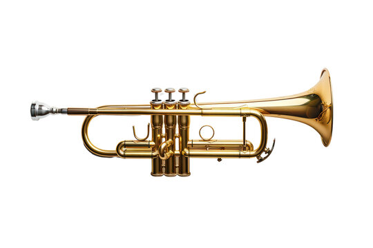 Golden trumpet isolated on white background. Brass musical instrument with intricate details and shiny finish, perfect for music-related themes.