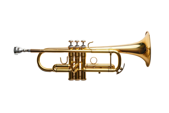 Golden trumpet isolated on white background. Brass musical instrument with intricate details and shiny finish, perfect for music-related themes.