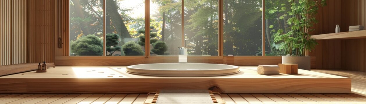 Traditional wooden bath with hinoki wood, minimalist decor, creating a serene and peaceful bathroom, front view, elegant and simple design, scifi tone, Triadic Color Scheme