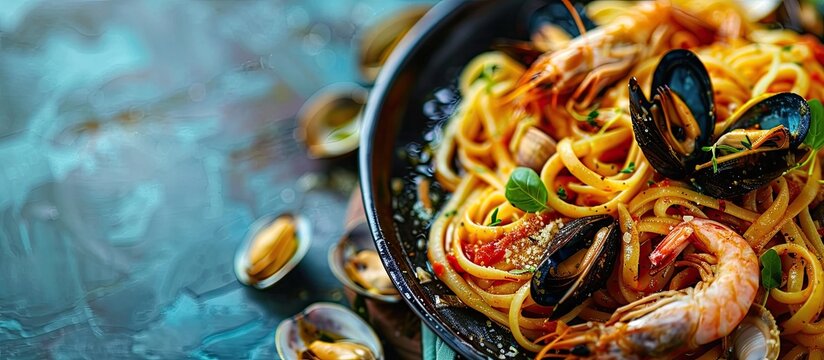 Dish of linguine allo scoglio, typical italian pasta with seafood sauce, Mediterranean Cuisine. Copy space image. Place for adding text or design