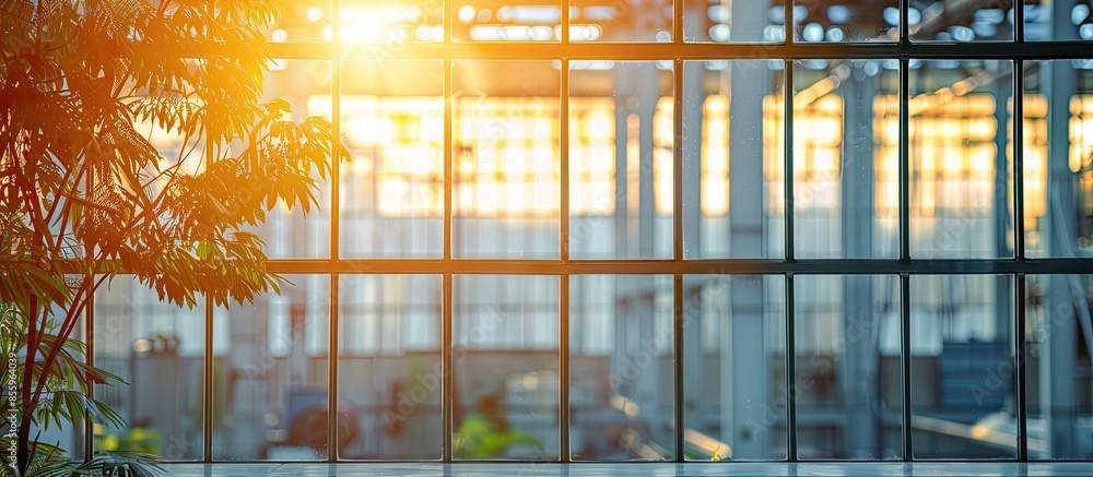Aufkleber transparent mirror window with industry factory background, green view beside window in office, flar