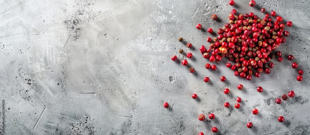 Poster pink peppercorns arranged on kitchen counter at home. copy space image. place for adding text and de