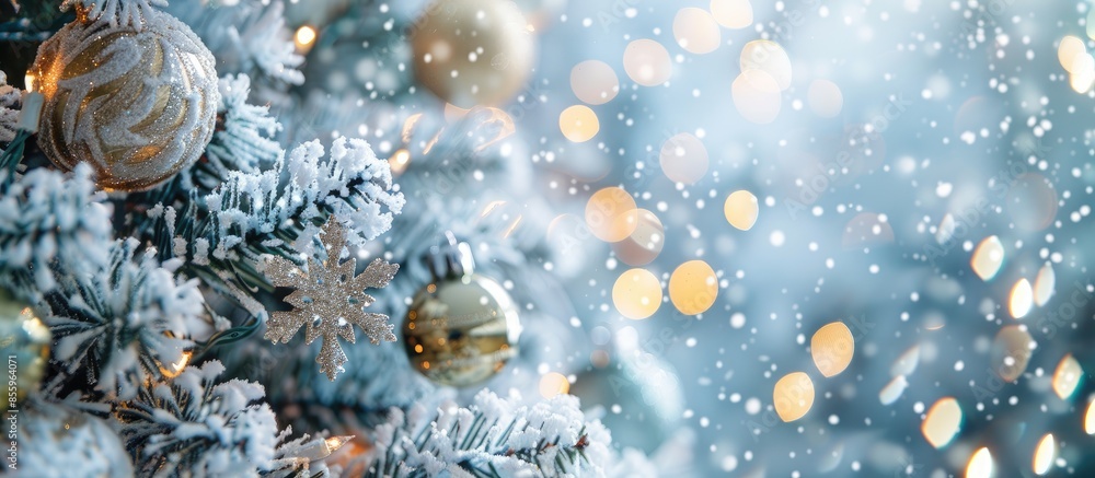 Poster beautiful christmas tree decorated with snowflakes and balls in room, closeup. copy space image. pla