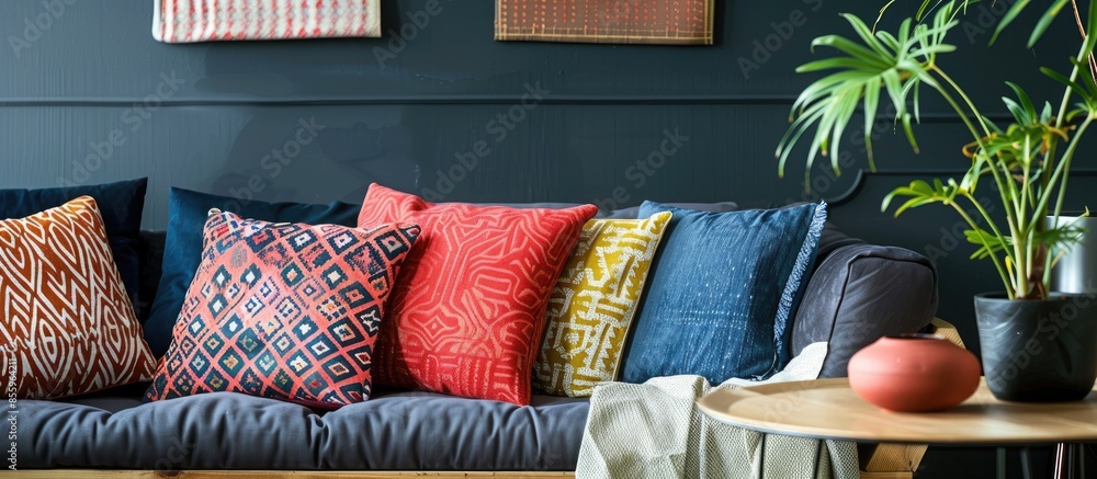 Poster patterned cushions on sofa next to wooden table and plant in dark apartment interior. white backgrou