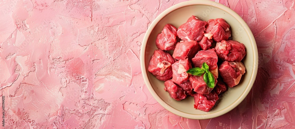 Poster raw meat ,raw meat in a bowl pastel background food. copy space image. place for adding text and des