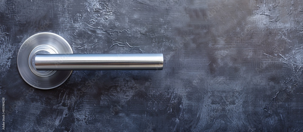 Poster close - up the modern silver metal door handle . copy space image. place for adding text and design