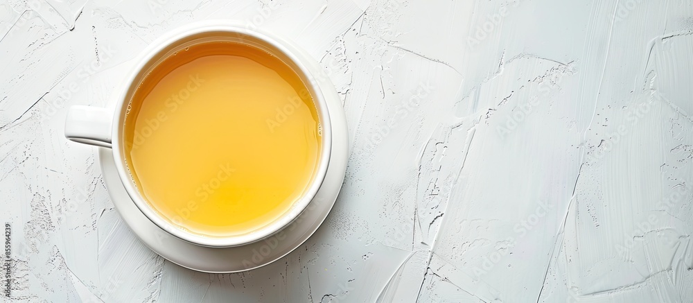Aufkleber cup of fresh chicken bouillon on white background, top view. copy space image. place for adding text