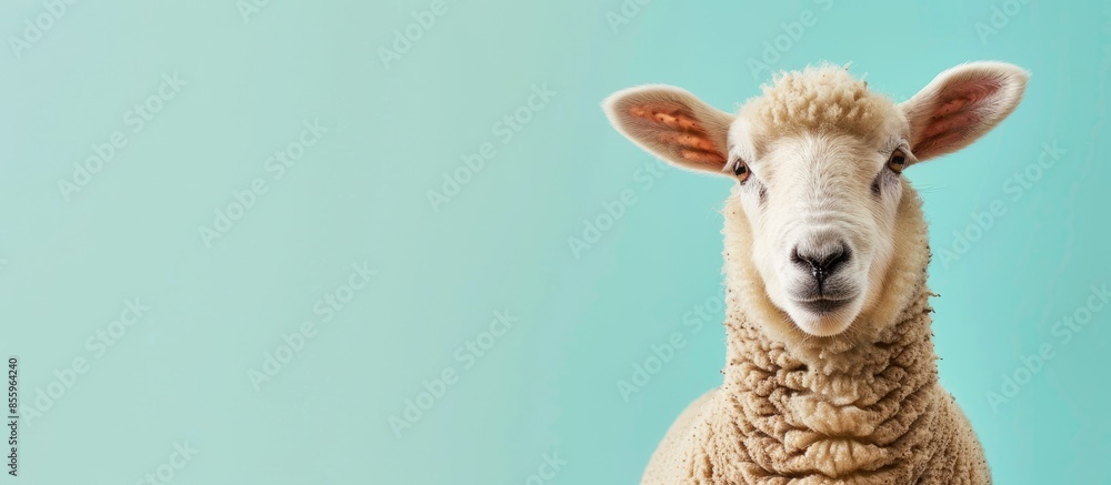 Poster Portrait of sheep in farm pastel background  Isolated. Copy space image. Place for adding text and design