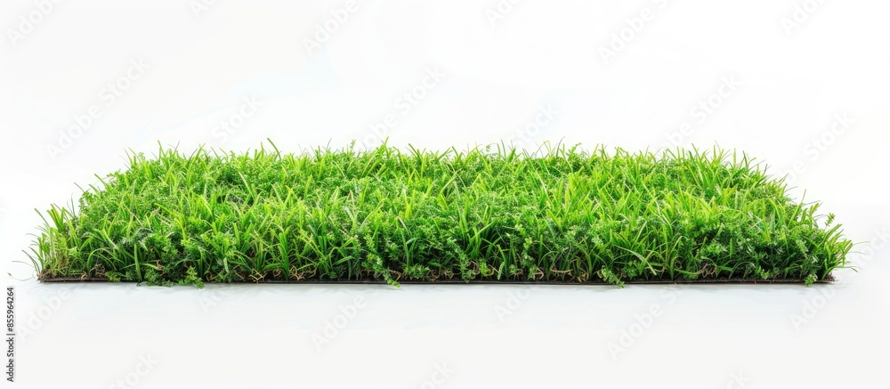 Poster artificial grass carpet on white background. copy space image. place for adding text and design