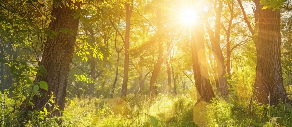 Poster beautiful forest panorama with bright sun shining through the trees. copy space image. place for add