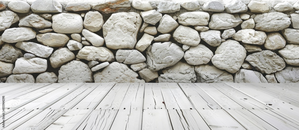 Poster wood terrace and stone wall texture background surface white color. copy space image. place for addi