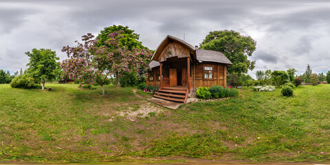 full seamless spherical hdri 360 panorama near wooden homestead house in rainy weather in equirectangular spherical projection with zenith and nadir. for VR content