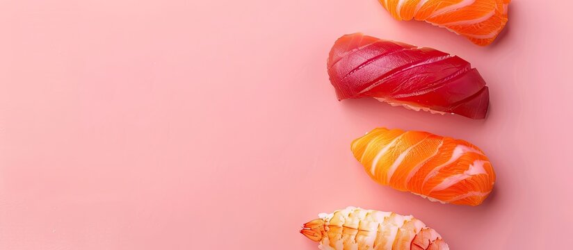 Japanese otoro sushi, red tuna sushi and salmon sushi over pastel background. Copy space image. Place for adding text and design