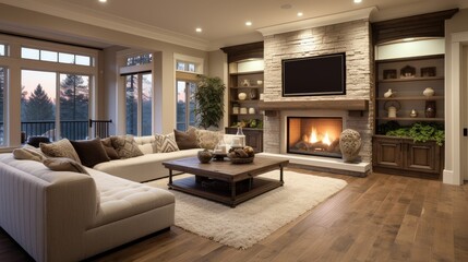 Inviting Living Room with Fireplace and High Ceilings Ideal for Relaxation