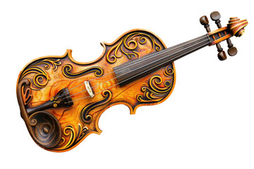 Obraz premium Ornate wooden violin with intricate carvings, showcasing craftsmanship and elegance in musical instrument design.