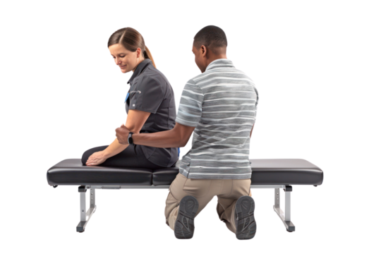 Physical therapist assisting woman with shoulder exercises on table. Rehabilitation and health care treatment session.