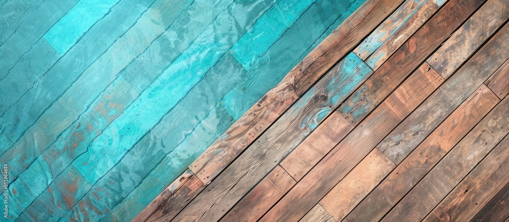 Poster diagonal lines of wood in detail decking and blue water swimming pool abstract background. copy spac