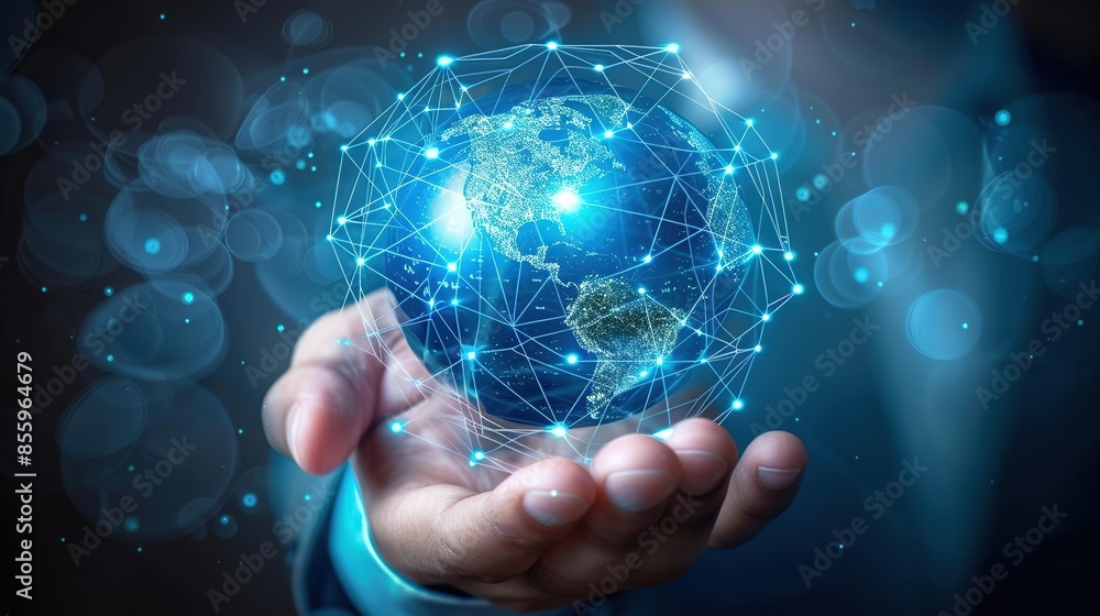 Poster businessman hand holding globe with virtual network connection for global digital communication tech