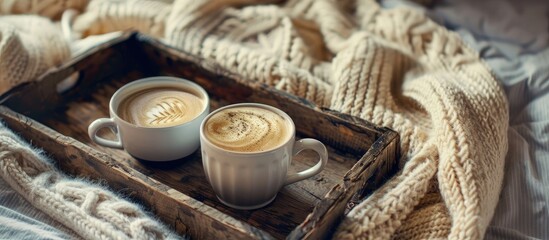 Cup of coffee on rustic wooden serving tray in the cozy bed with blanket. Knitting warm woolen sweater in the winter weekend, top view, vintage tone, Lifestyle Concept. Copy space image