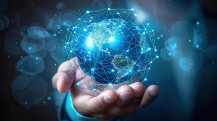 Businessman hand holding globe with virtual network connection for global digital communication technology concept