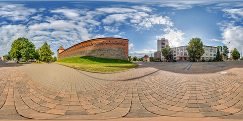 full seamless spherical hdri 360 panorama near huge neo-gothic castle, defensive fortification and...