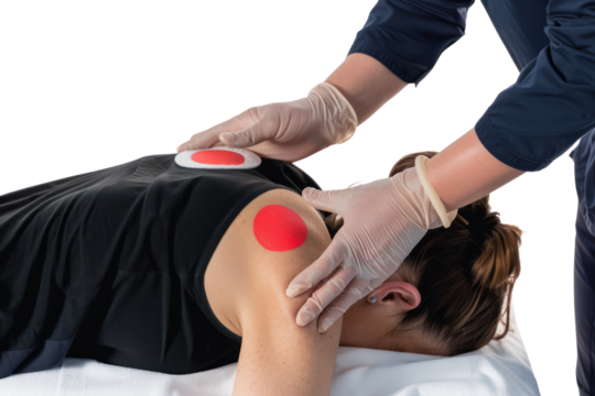 Therapist performing myofascial decompression on a client's back and shoulder using cups to target specific muscle groups.