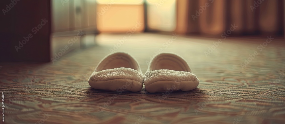Aufkleber a pair of hotel slippers. copy space image. place for adding text and design