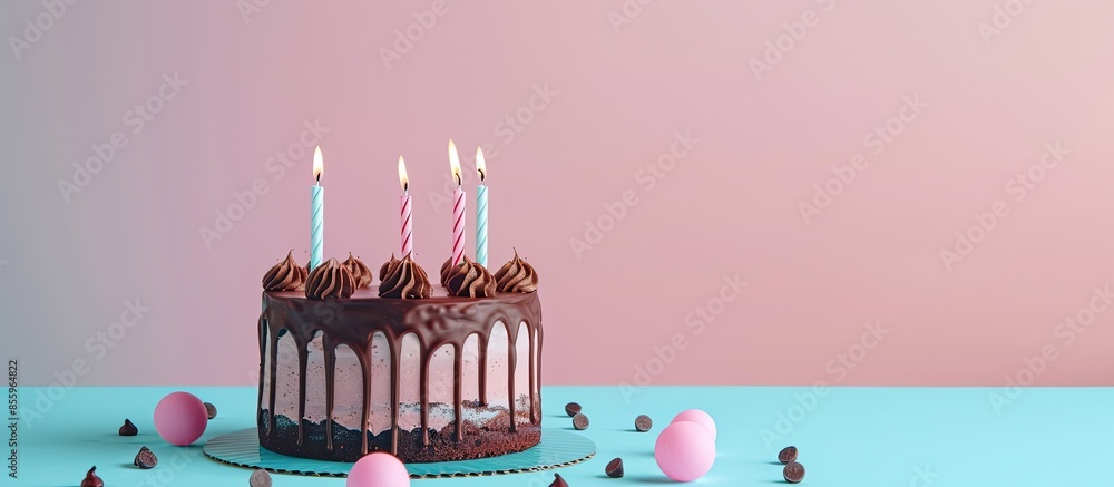 Poster cake chocolate and three candles isolated on pastel background. copy space image. place for adding t