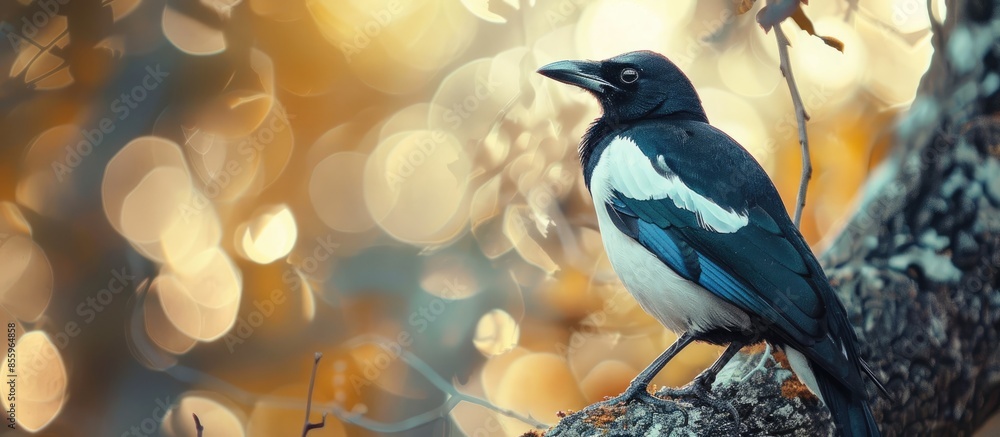 Aufkleber magpie ordinary on a tree looks into the distance. copy space image. place for adding text and desig