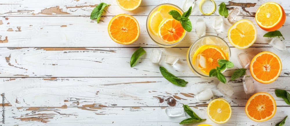 Poster glassware with refreshing citrus fruits cocktail on white wooden background. copy space image. place