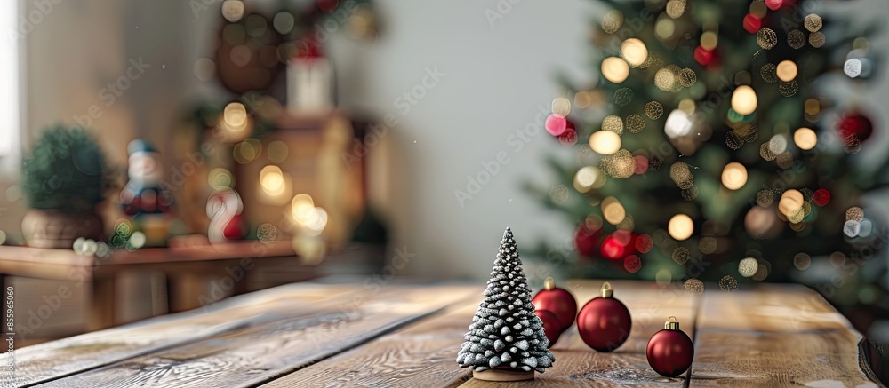Poster a handmade christmas tree and baubles on the table in the room. copy space image. place for adding t